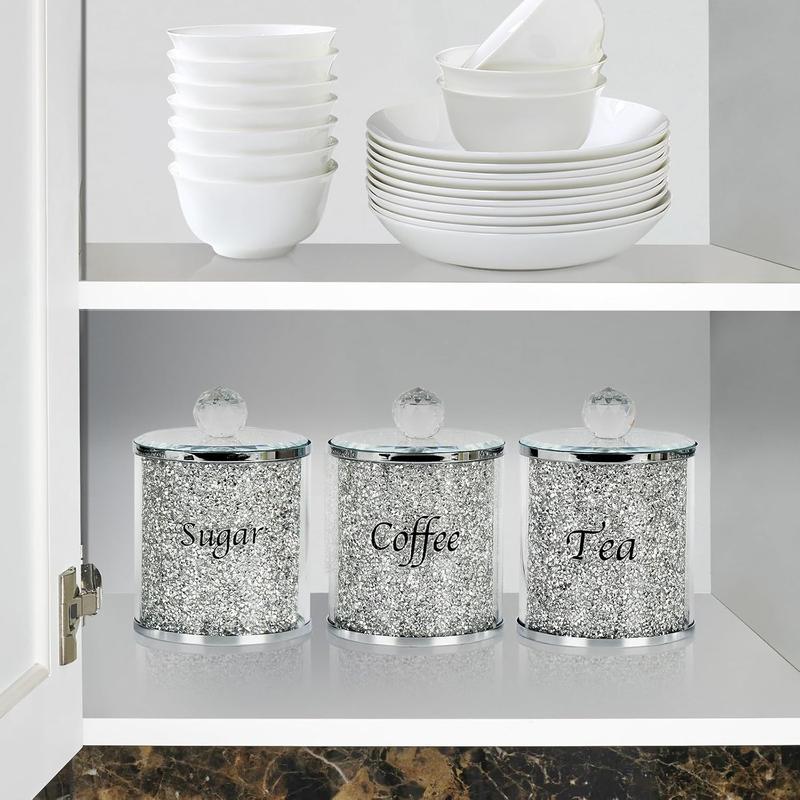 Coffee, Sugar,Tea Crystal Canister Set of 3,Sparkly Crushed Diamonds Home Decor,Silver Kitchen Storage Jars with Label and Lid,2024 Ornaments