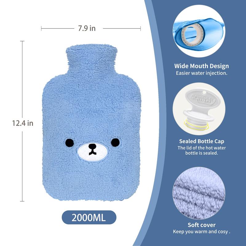 Hot Water Bottle with Cute Fleece Cover, 2Liter Water Bag for Hot and Cold Compress, Hand Feet Warmer, Neck and Shoulder Pain Relief, Grey Bear