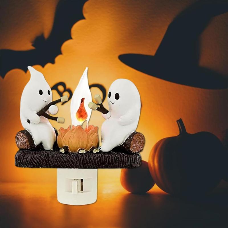 Ghosts Roasting Marshmallows over Flickering Halloween Night Light – Spooky Decor campfire nightlight Lightweight Cloth