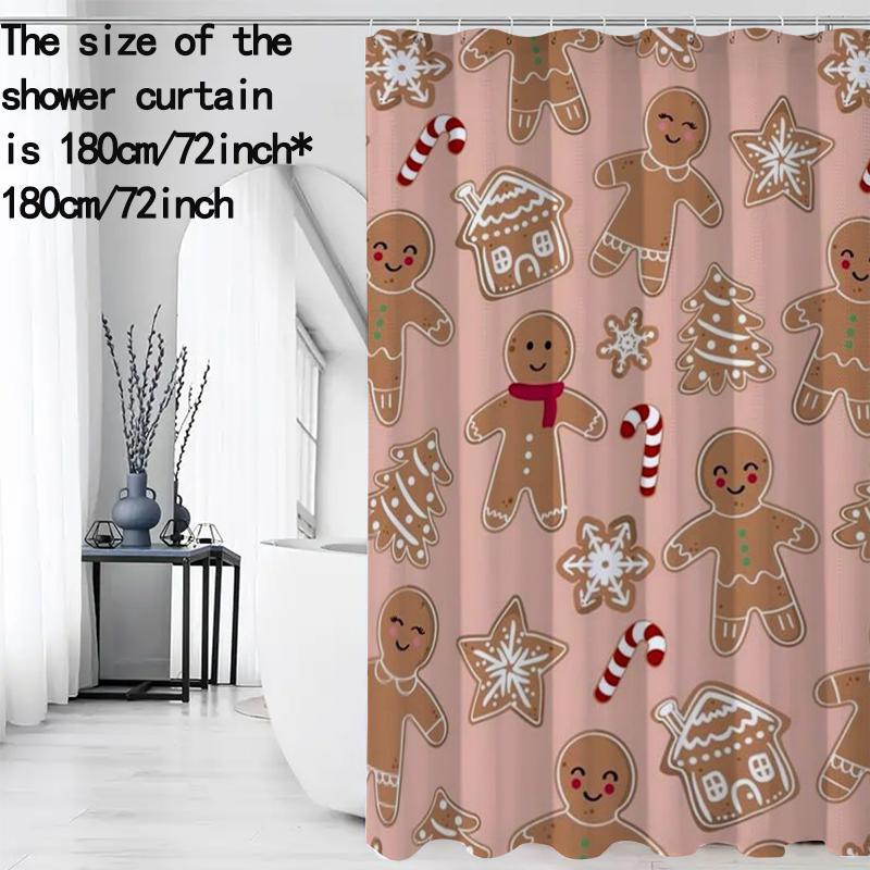 Gingerbread Man Pattern Shower Curtain, 1 Count Waterproof Bathroom Curtain with Hooks, Bathroom Accessories, Home Decor Supplies for Bathroom