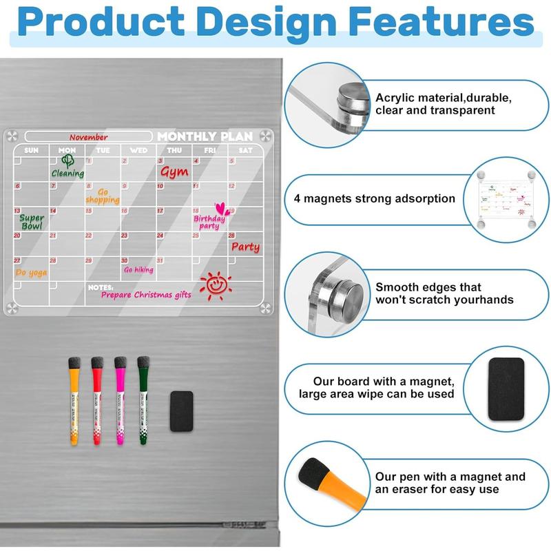 Acrylic Magnetic Monthly and Weekly Calendar for Fridge, Transparent Dry Erase Board for Refrigerator includes 4 Colors Markers and Eraser Apartment Decor Must Haves Acrylic Planner Board