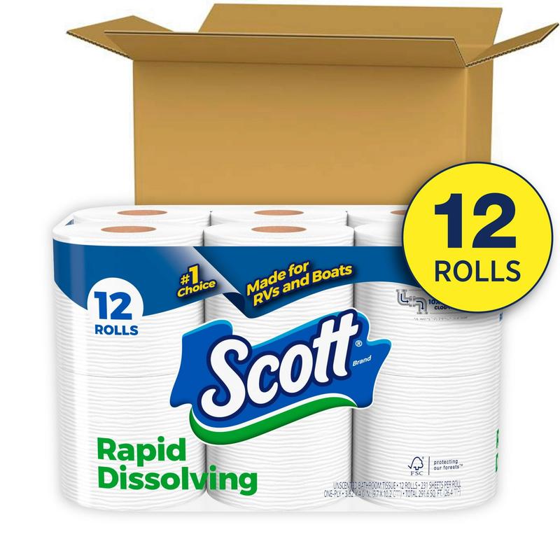 Scott Rapid-Dissolving Toilet Paper for RVs & Boats, 12 Double Rolls