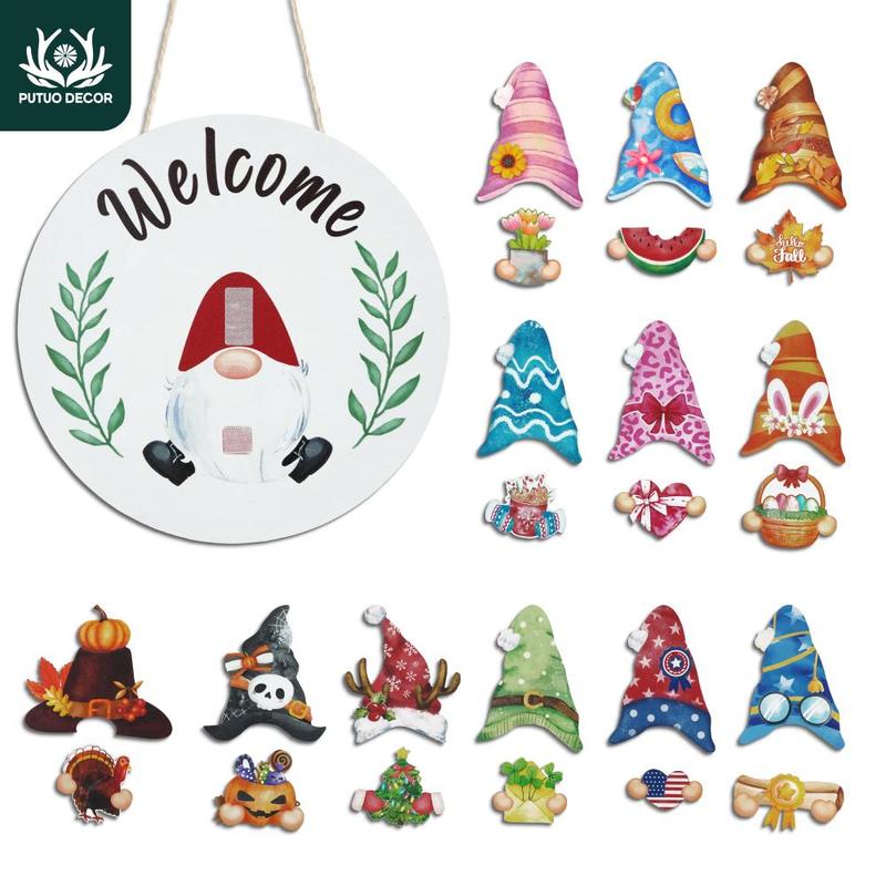 Welcome Front Door Decor, 1 Count Wooden Hanging Plaque with 12 Sets  Changeable Velcro Icons, Round Wood Decoration for Home Farmhouse Porch Office Cafe Coffee Shop