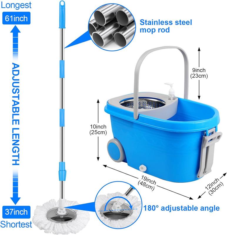 Spin Mop & Bucket Floor Cleaning System with Stainless Steel Wringer Set and 2 Microfiber  Replacement Refills, 61in Extendable Handle Rubber Box