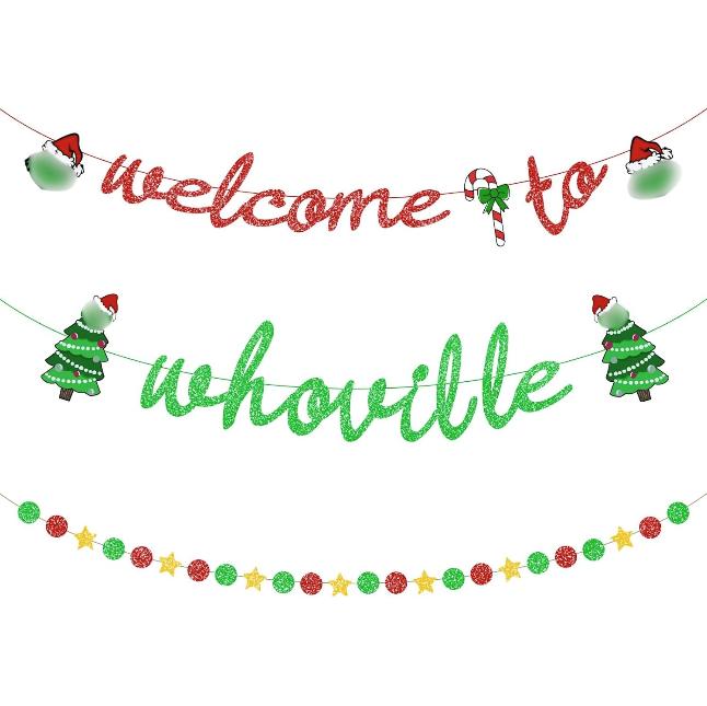 Grinchh Christmas Decorations Banner - Whoville Backdrop for Party Decorations