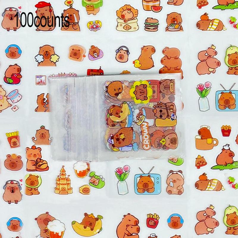 Random Capybara Pattern Sticker (100 Sheets), Waterproof Self Adhesive Decor Paper, Decor Sticker for Gift Greeting Card Water Bottle Laptop Phone