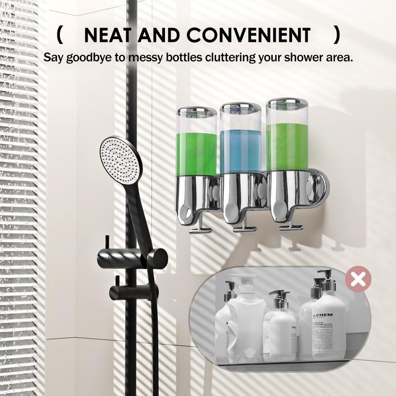 3-in-1 Wall-Mounted Shampoo, Soap & Conditioner Dispenser – No-Drill, Transparent Bottles, Dispensador de Jabón, Ideal for Bathroom & Hotel