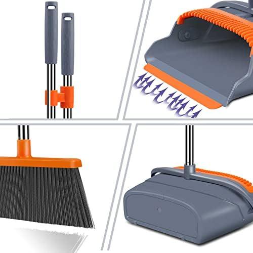 Upgrade Broom and Dustpan Set with Self-Cleaning Teeth - Ideal for Indoor and Outdoor Sweeping, Home Use - Gray and Orange