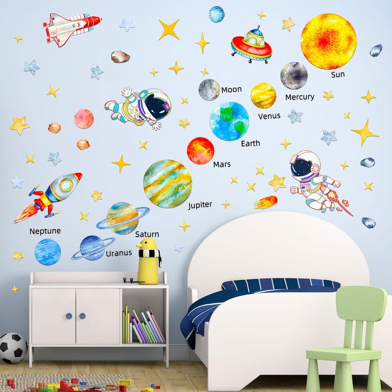 Solar System Pattern Wall Sticker, 1 Count 2 Sheets Colorful Astronaut & Planet Themed Wall Decal, Wall Decor for Baby Room Bedroom Living Room Playroom Classroom Decorations