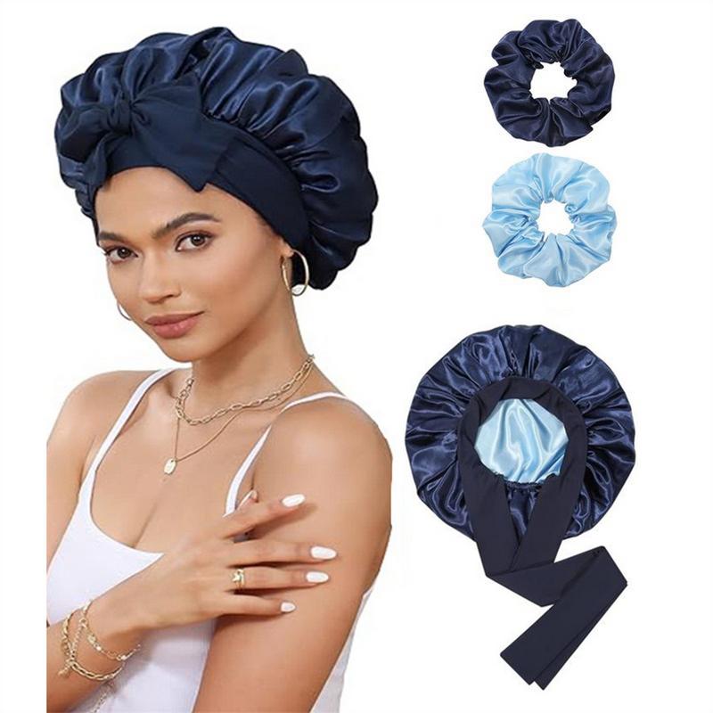 Double Layer Satin Bonnet with Elastic Tie - Silk-Like Texture Sleep Cap for Women, Suitable for Curly and Straight Hair, Heatless Styling Tool