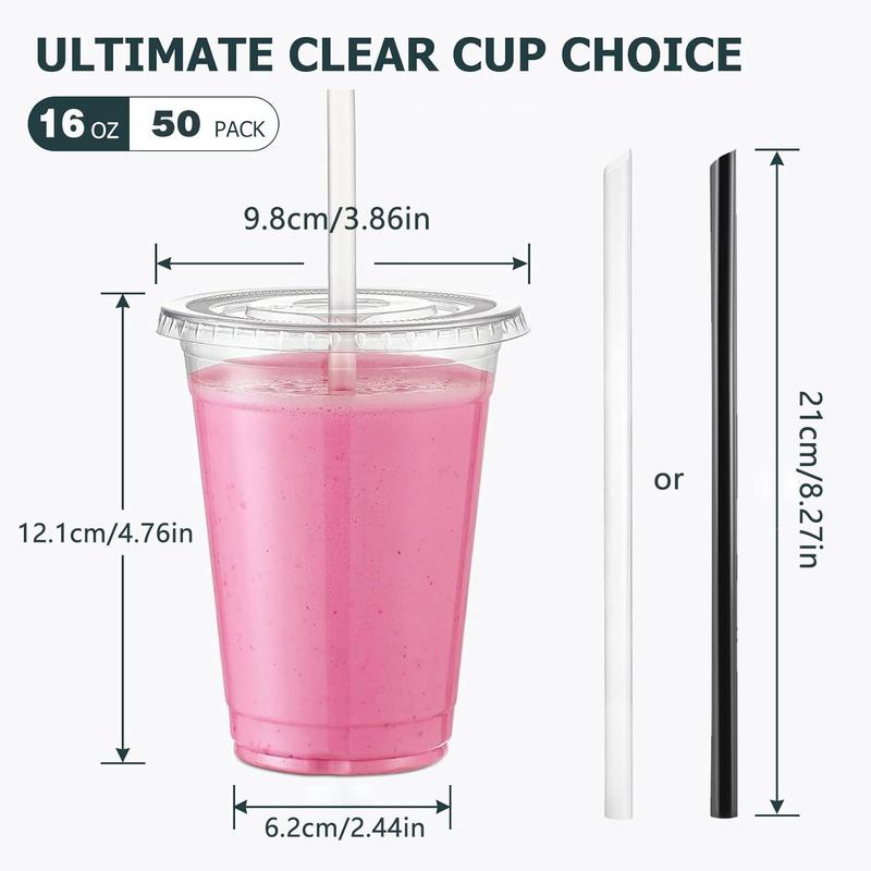 16oz Clear Plastic Cup with Straw & Lid, 50 Sets Disposable Coffee Cup, Disposable Cups, Disposable Tableware for Party & Takeaway Drink