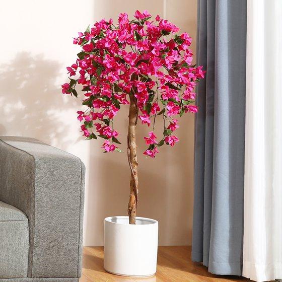 Artificial Bougainvillea Flowers Tree, Potted Plants with Wood Trunk and Pink Flowers for Housewarming Gift Decor Decoration Colorful home decor