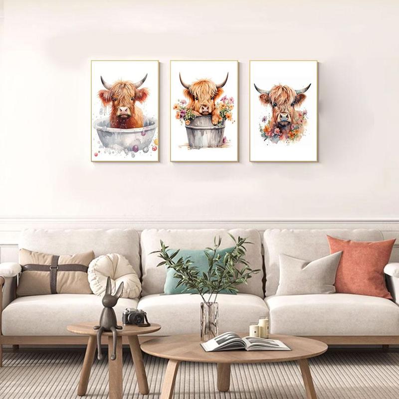 Highland Cow Bathing Pattern Unframed Painting, 3 Counts set Modern Canvas Wall Art, Wall Decor for Home Living Room Bedroom Study Room