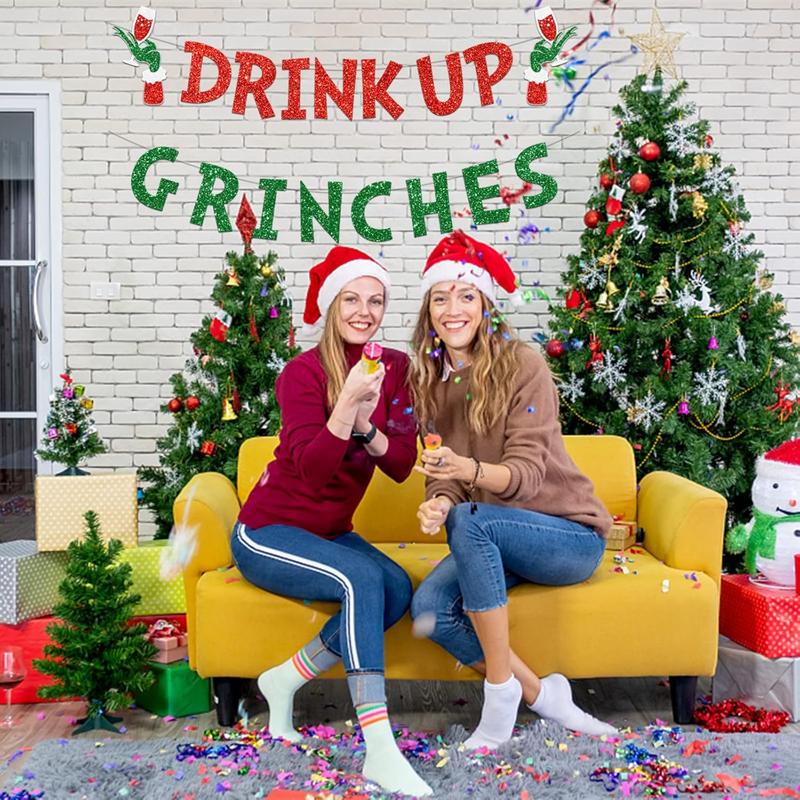 Drink Up Grinches Banner, Glittery Christmas Decorations Banners Winter Holiday Garland Photo Props Banner for Party Home Decorations