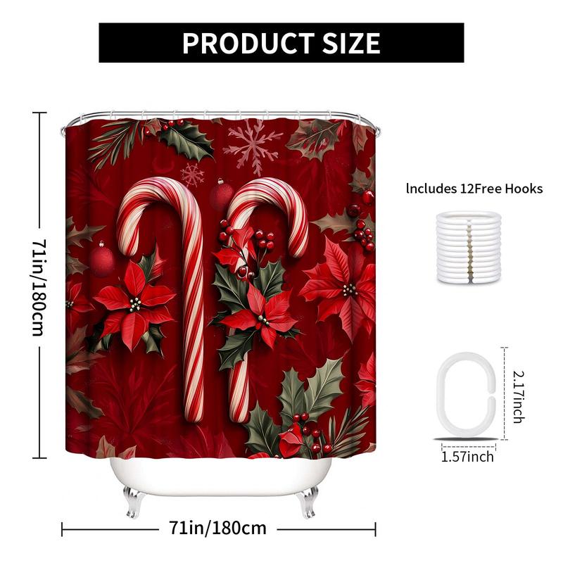 Christmas Candy Cane Pattern Shower Curtain, 1 Count Waterproof Fabric Shower Curtain with 12pcs Hooks, Bathroom Decor Supplies for Home Hotel Dormitory