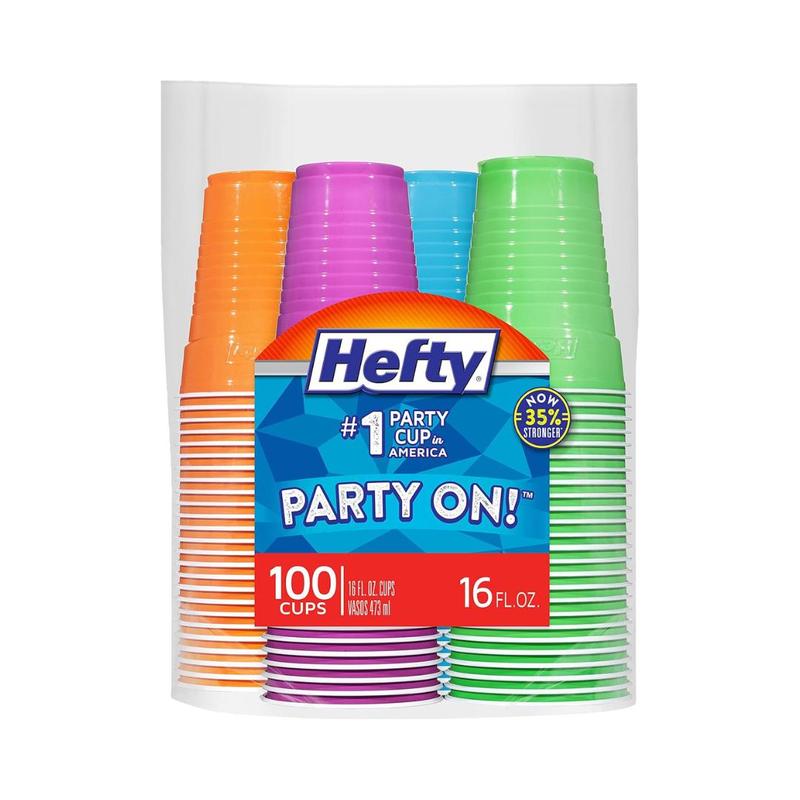 Party On Disposable Plastic Cups, Assorted, 16 Ounce, 100 Count