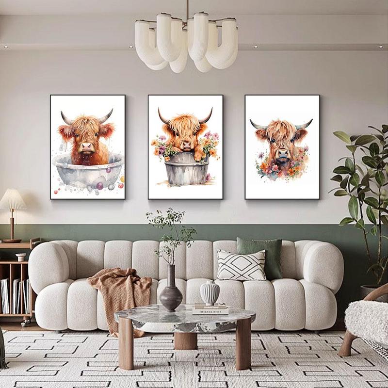 Highland Cow Bathing Pattern Unframed Painting, 3 Counts set Modern Canvas Wall Art, Wall Decor for Home Living Room Bedroom Study Room