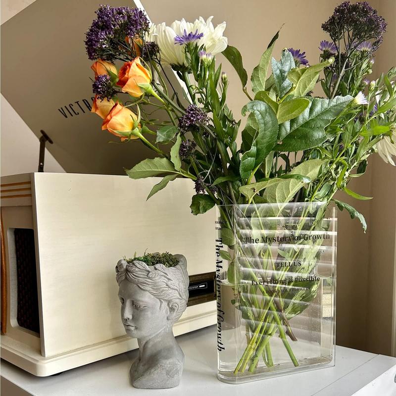 Bookend vase, lovely bookshelf decoration, unique vase for book lovers, artistic and cultural flavor acrylic vase for home office decoration, a book about flowers (transparent color)