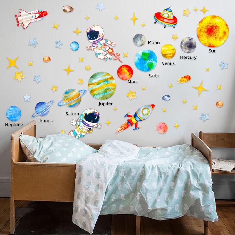 Solar System Pattern Wall Sticker, 1 Count 2 Sheets Colorful Astronaut & Planet Themed Wall Decal, Wall Decor for Baby Room Bedroom Living Room Playroom Classroom Decorations