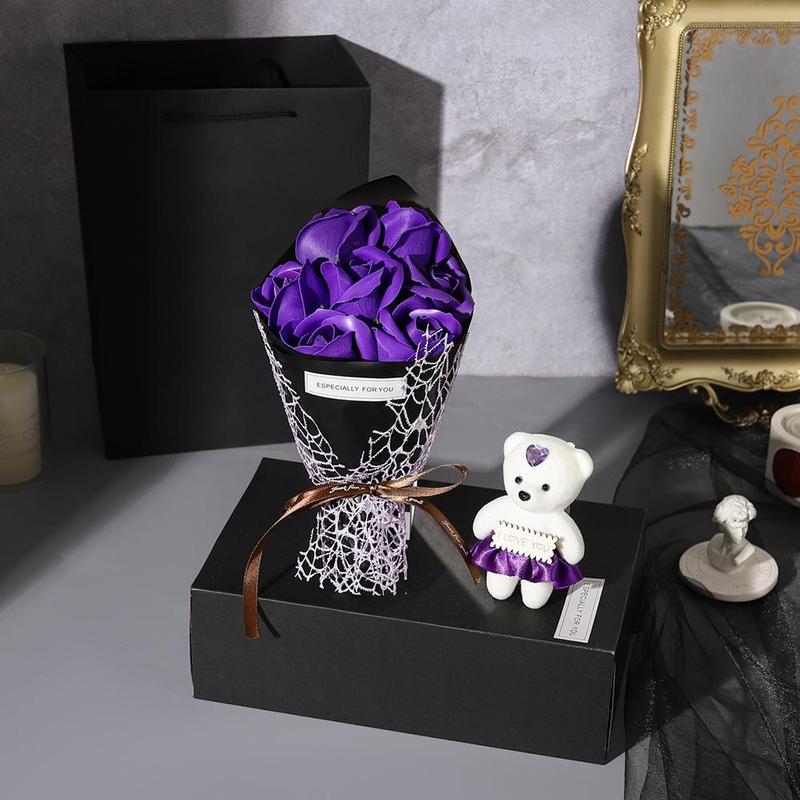 Creative Bouquet Gift Box, 1 Count Purple Artificial Rose Gift Box with Bear & Gift Bag, Birthday Gift for Girlfriend, Wife, Friend, Family