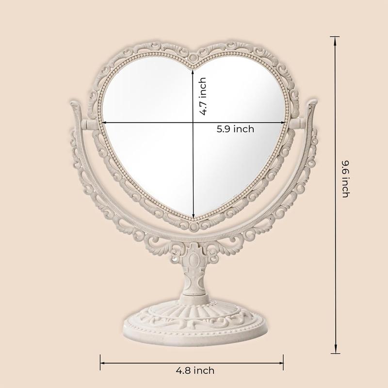 7 Inch Vintage Heart Mirror - Elegant Desk Makeup Mirror with Double Sided 360 Degree Rotation Vanity Mirror for Coquette Room Decor (Beige 1 count)