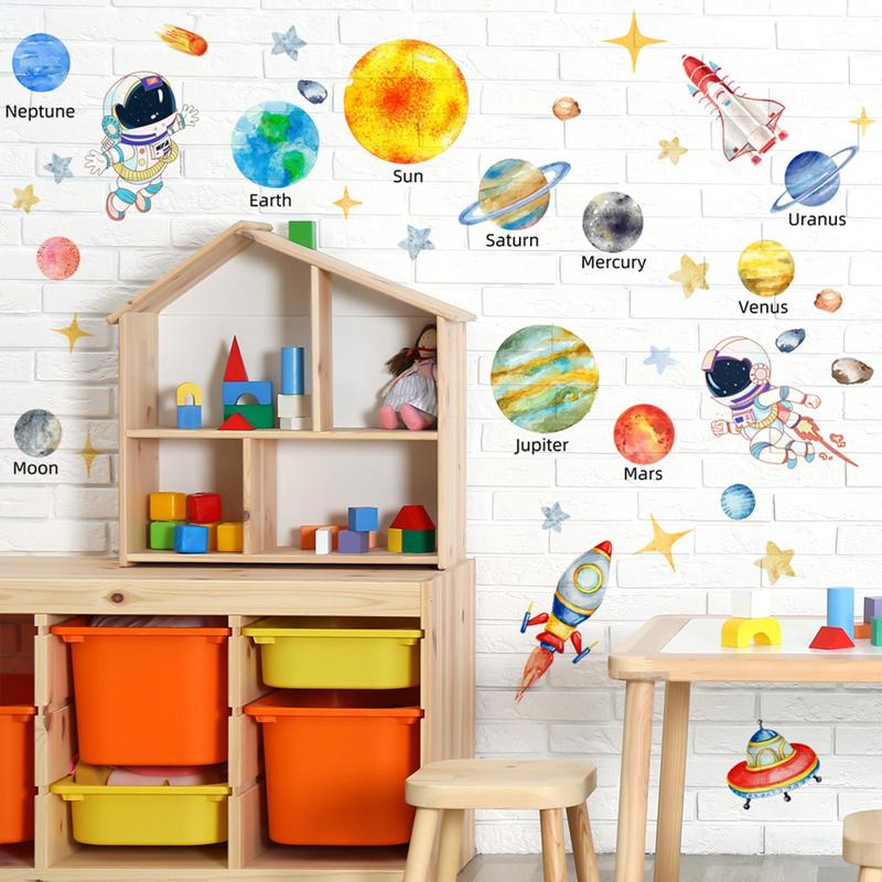 Solar System Pattern Wall Sticker, 1 Count 2 Sheets Colorful Astronaut & Planet Themed Wall Decal, Wall Decor for Baby Room Bedroom Living Room Playroom Classroom Decorations