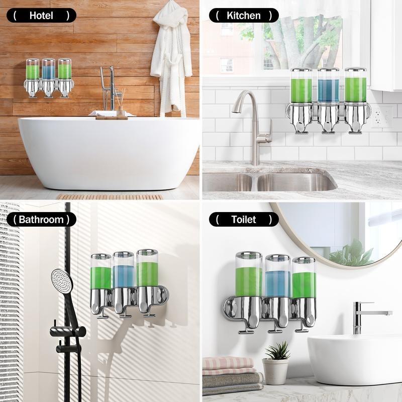 3-in-1 Wall-Mounted Shampoo, Soap & Conditioner Dispenser – No-Drill, Transparent Bottles, Dispensador de Jabón, Ideal for Bathroom & Hotel