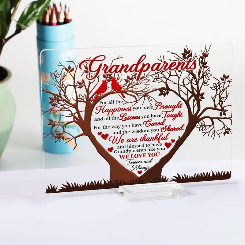 Grandparents Gift Acrylic Plaque, 1 Count Tree & Letter Pattern Decorative Plaque, Home Decor Supplies for Living Room Bedroom, Gift for Grandpa & Grandma