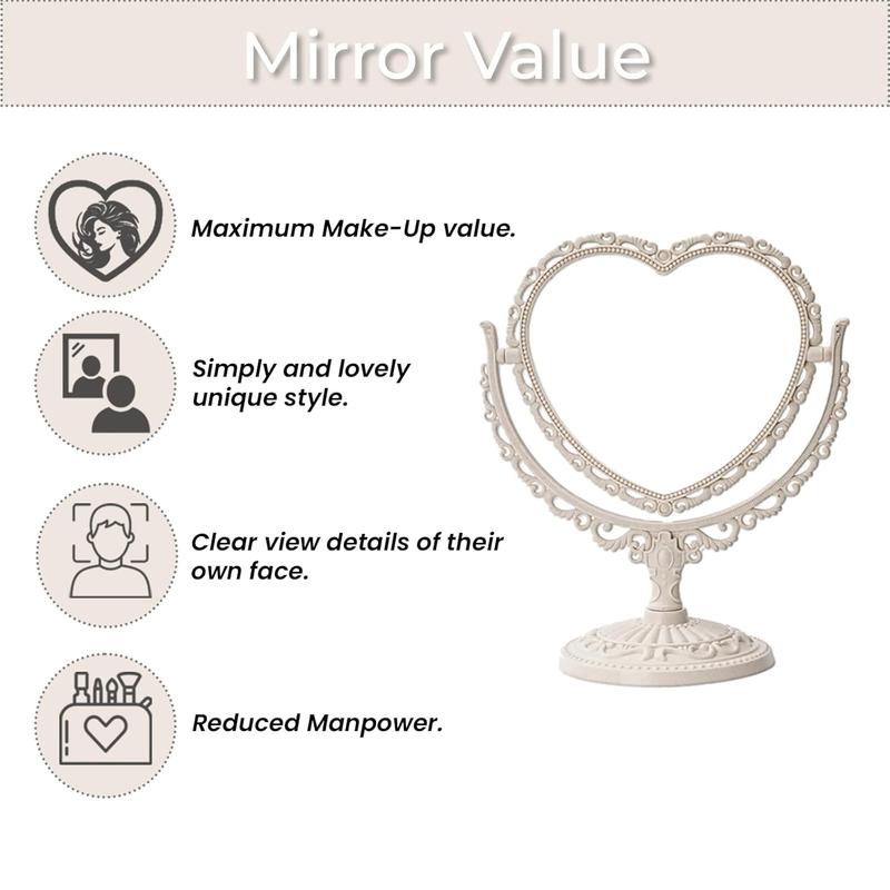 7 Inch Vintage Heart Mirror - Elegant Desk Makeup Mirror with Double Sided 360 Degree Rotation Vanity Mirror for Coquette Room Decor (Beige 1 count)