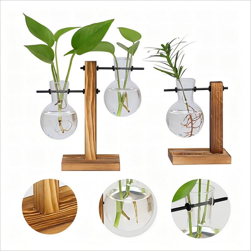 Glass Vase with Wooden Stand, 1 Count Creative Air Plant Growing Station, Home Decor Supplies for Living Room Bedroom Office