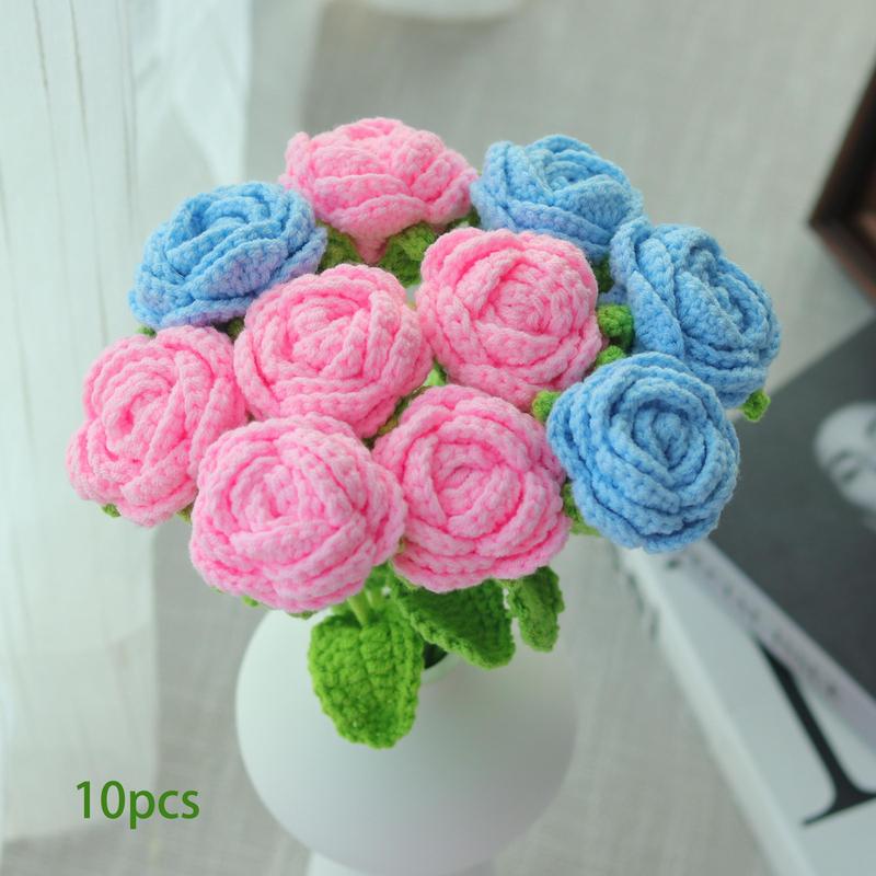 Crochet Rose, 10pcs set Handmade Crochet Rose Flower, Artificial Flower without Vase, Decorative Flowers for Home Party Wedding