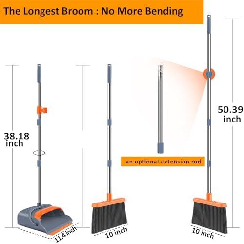 Upgrade Broom and Dustpan Set with Self-Cleaning Teeth - Ideal for Indoor and Outdoor Sweeping, Home Use - Gray and Orange