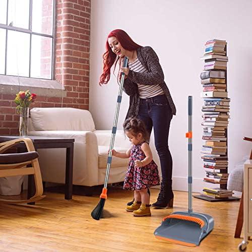 Upgrade Broom and Dustpan Set with Self-Cleaning Teeth - Ideal for Indoor and Outdoor Sweeping, Home Use - Gray and Orange