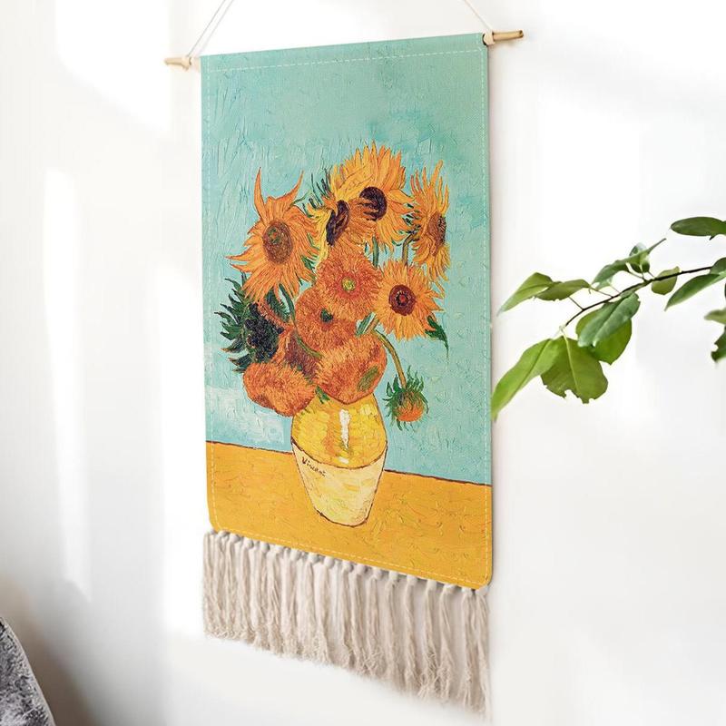 Vintage Van Gogh Oil Painting Printed Tapestry with Tassel, 1 Count Wall Hanging Tapestry with Rod & Connector & Rope & Nail, Wall Art Decor for Home Living Room Bedroom