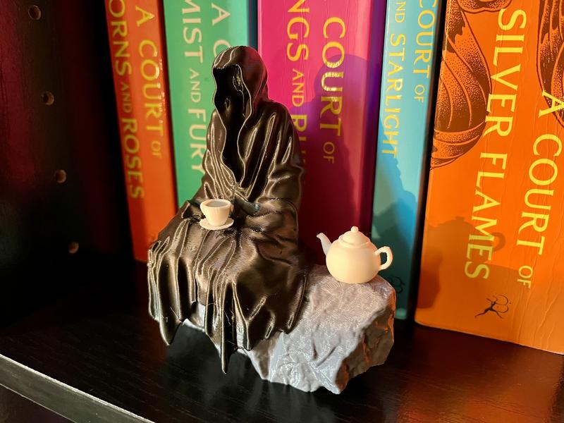 Spill the Tea Bookshelf Decor - Seated Hooded Ghost Figurine with Tea Cup and Tea Pot - 3D Printed Bookshelf Decor - Full Color