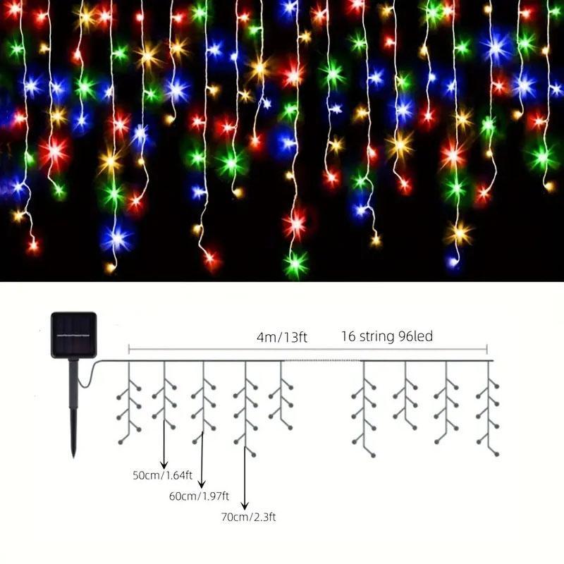 Solar Powered Icicle String Light, 4M 96LEDs Colorful Holiday Garland Light, Outdoor Decorative Light for Christmas, Thanksgiving, New Year Decor