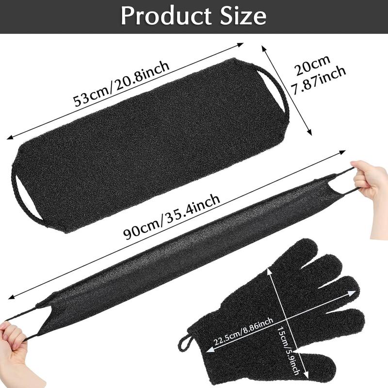 Exfoliating back scrubbing bath glove set. 1 Exfoliating bath towel + 1  pair bath glove. For body scrubbing and back cleaning to remove dead skin. Black bath tool.