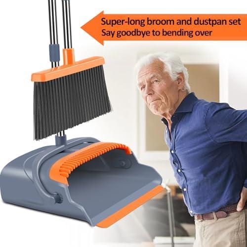 Upgrade Broom and Dustpan Set with Self-Cleaning Teeth - Ideal for Indoor and Outdoor Sweeping, Home Use - Gray and Orange