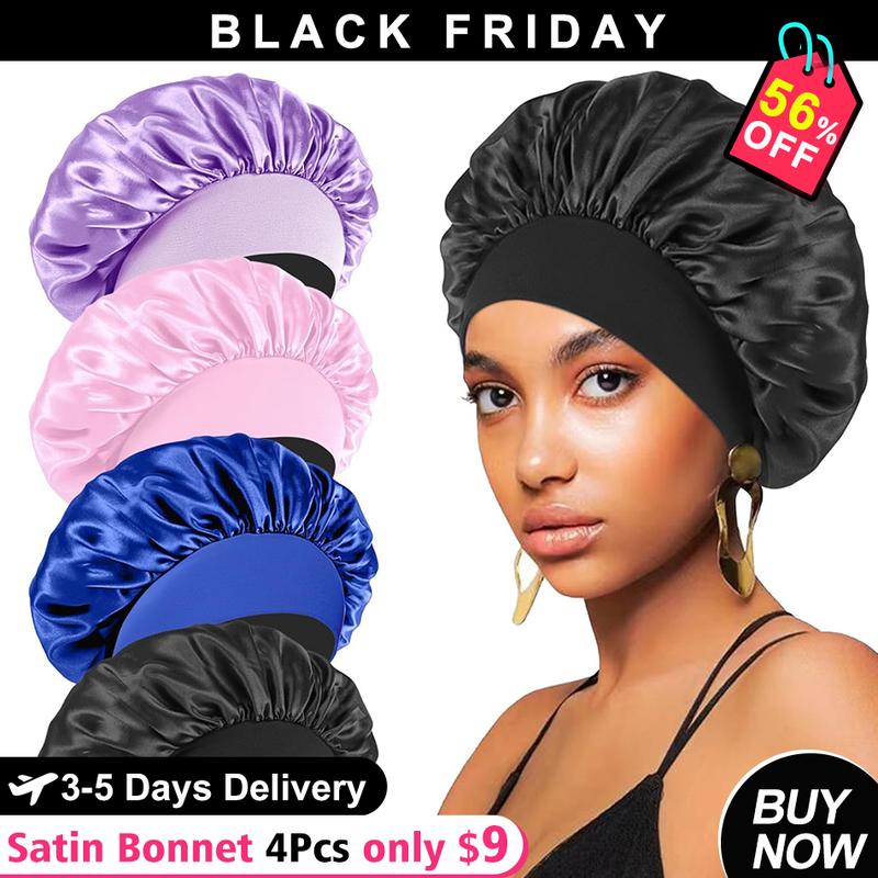 Bling Hair Fashion 4Pcs Satin Bonnet Sleep Hat For Curly Hair Satin Hair Bonnet for Women Hair Wrap Cap Elastic Wide Band Hair Bonnet Shower Cap