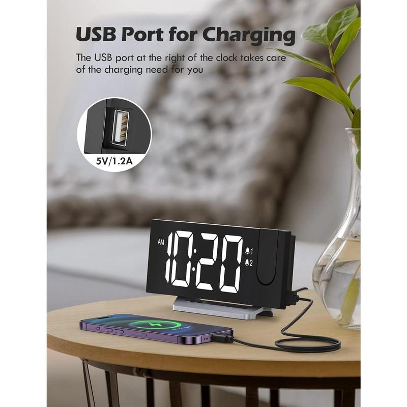 Projection  Clock with FM Radio, USB  Port, 0- Dimmer, Dual Alarms, HD LED Display, 30 Preset Stations, Sleep Timer, 5  Sounds, Snooze, Curved Screen, Digital Clock for Bedroom