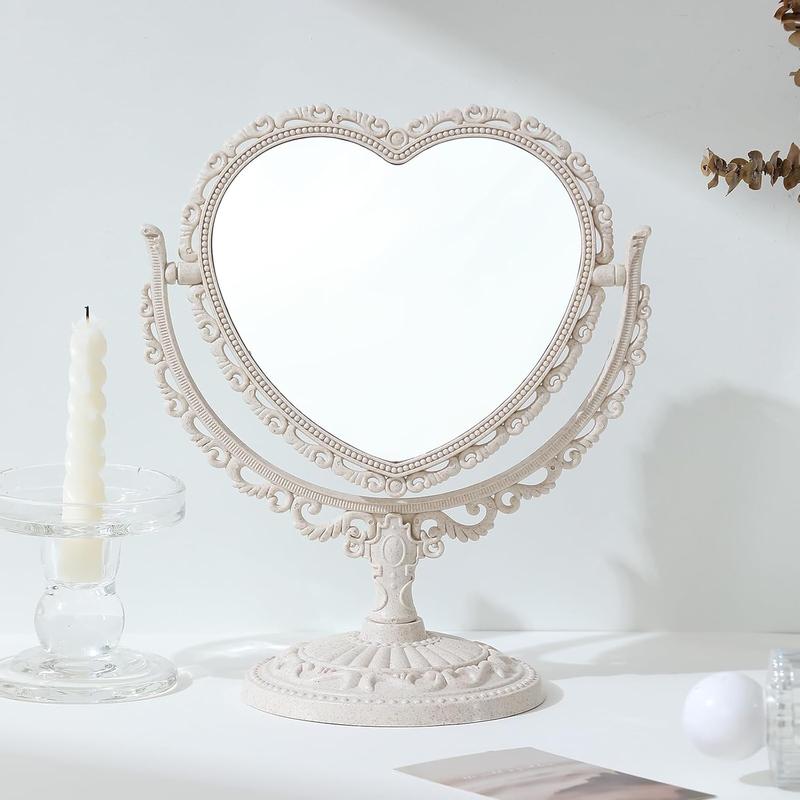 7 Inch Vintage Heart Mirror - Elegant Desk Makeup Mirror with Double Sided 360 Degree Rotation Vanity Mirror for Coquette Room Decor (Beige 1 count)