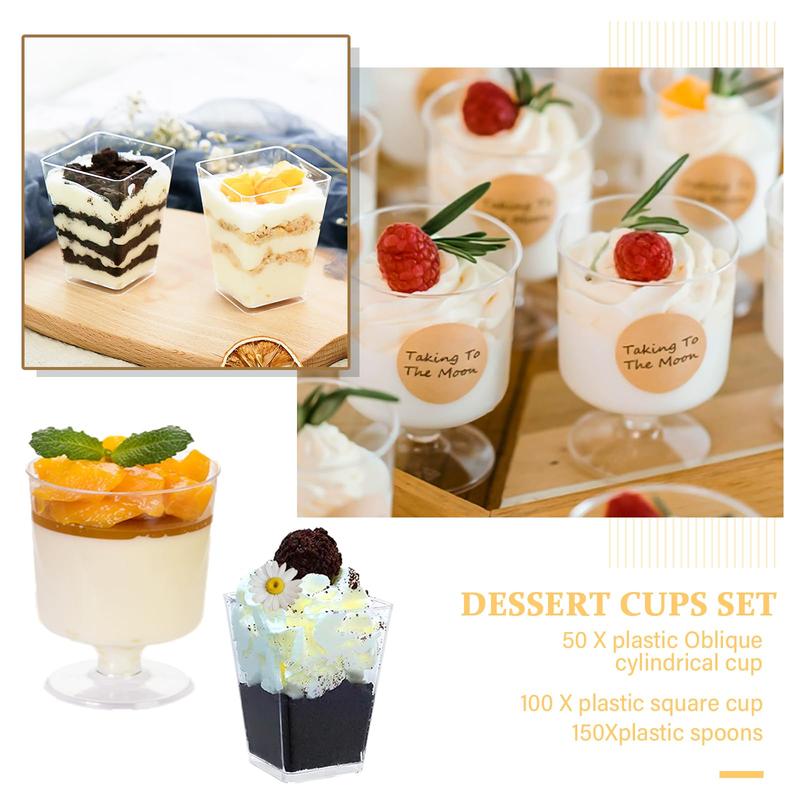 mwellewm 300 Packs Dessert Cups with Spoons, 5 OZ Mini Clear Plastic Dessert Parfait Cup for Party, Square Dessert Shot Glasse Round Goblet Small Reusable Fruit Ice Cream Pudding Appetizer Cup Bowls Disposable Set