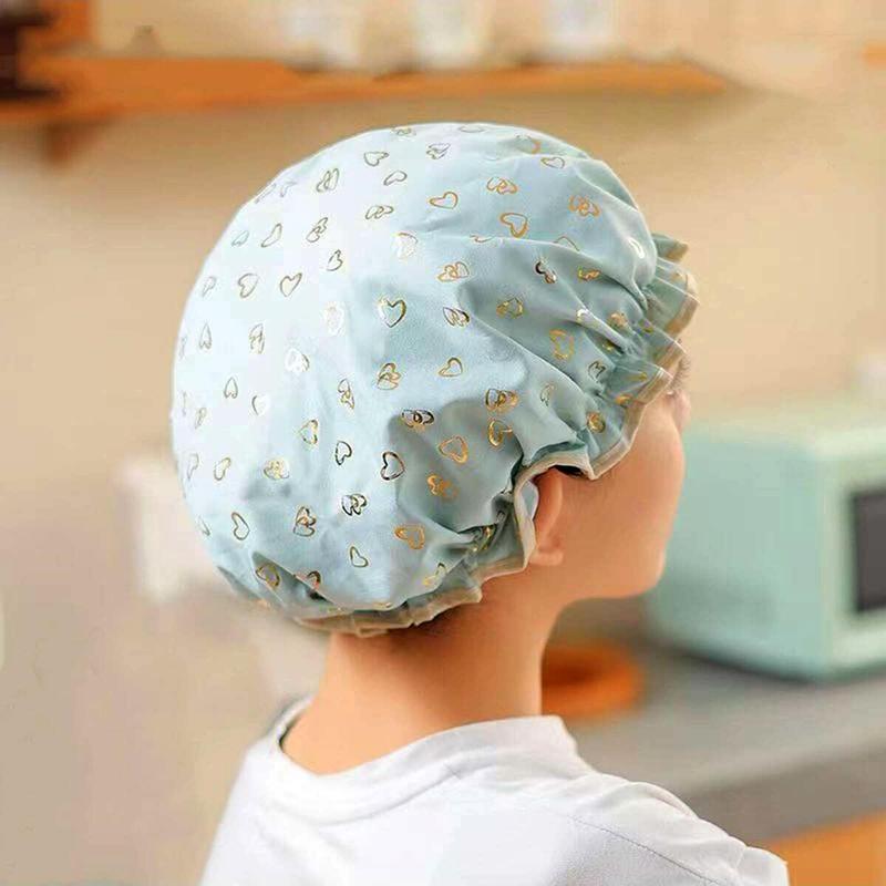 Double Layer Bathing Cap, 1 Count Heart Pattern Waterproof Shower Cap for Women & Girls, Bathroom Supplies for Home Use