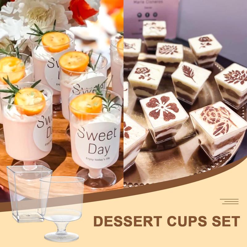 mwellewm 300 Packs Dessert Cups with Spoons, 5 OZ Mini Clear Plastic Dessert Parfait Cup for Party, Square Dessert Shot Glasse Round Goblet Small Reusable Fruit Ice Cream Pudding Appetizer Cup Bowls Disposable Set