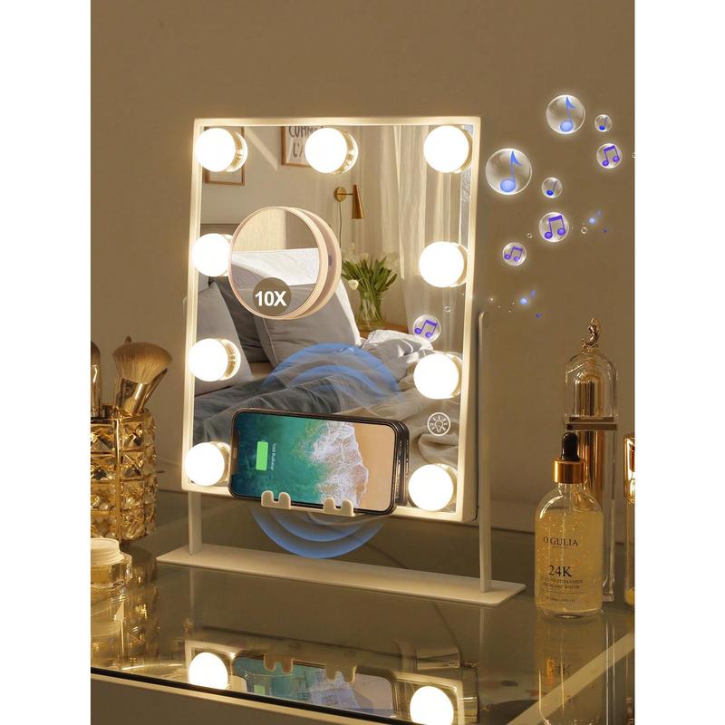 FENCHILIN White Holly Wood Vanity Mirror With Lights 9 Dimmable Bulbs Wireless Charger Bluetooth Speaker Makeup Mirror With Smart Touch Control For Glam Room Bedroom Detachable 10X Magnification