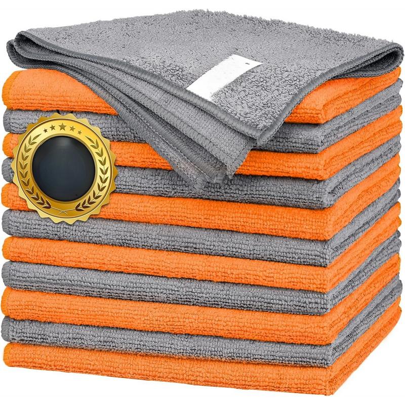 Microfiber Cleaning Cloth -Pack of 12, Highly Absorbent Cleaning Rags(Grey&Orange), 16