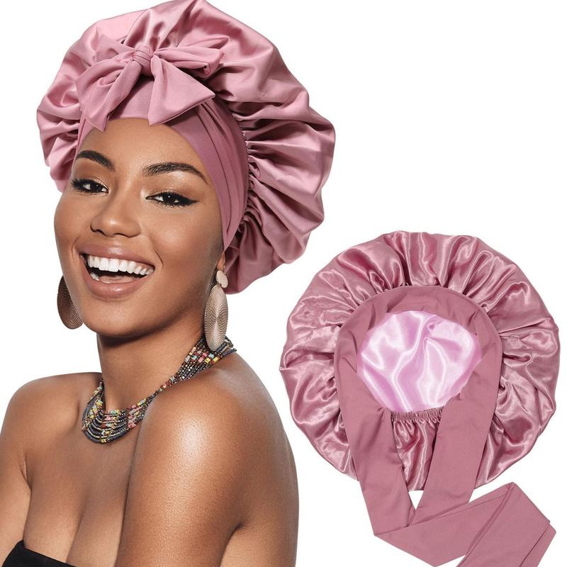 Double Layer Satin Bonnet with Elastic Tie - Silk-Like Texture Sleep Cap for Women, Suitable for Curly and Straight Hair, Heatless Styling Tool