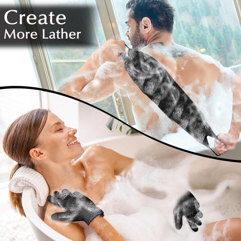 Exfoliating back scrubbing bath glove set. 1 Exfoliating bath towel + 1  pair bath glove. For body scrubbing and back cleaning to remove dead skin. Black bath tool.