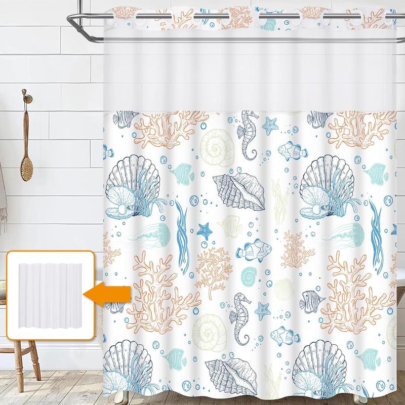 No Hook Shower Curtain with Snap in Liner,Coastal Shower and Liner Set for Bathroom  See Through Shower Curtain with Window, Double Layer,Washable