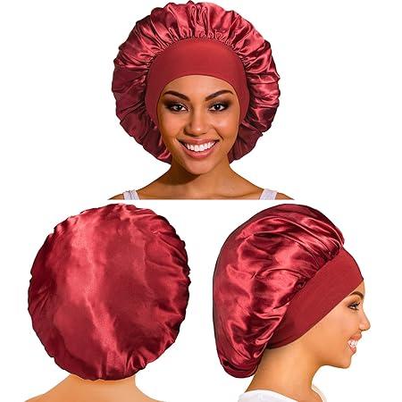 Bling Hair Fashion 4Pcs Satin Bonnet Sleep Hat For Curly Hair Satin Hair Bonnet for Women Hair Wrap Cap Elastic Wide Band Hair Bonnet Shower Cap